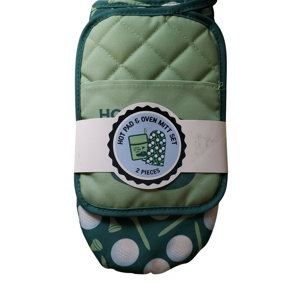 Hole in One Dad‎ Hot Pad Oven Mitt Set 2 Pieces Golf Theme Green
